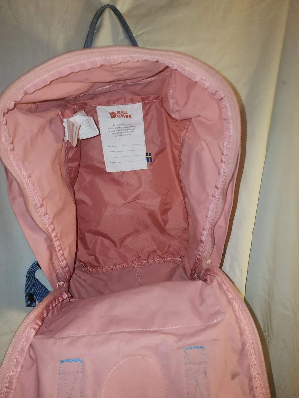 Fjallraven Kanken Rose Pink Backpack with Blue Straps